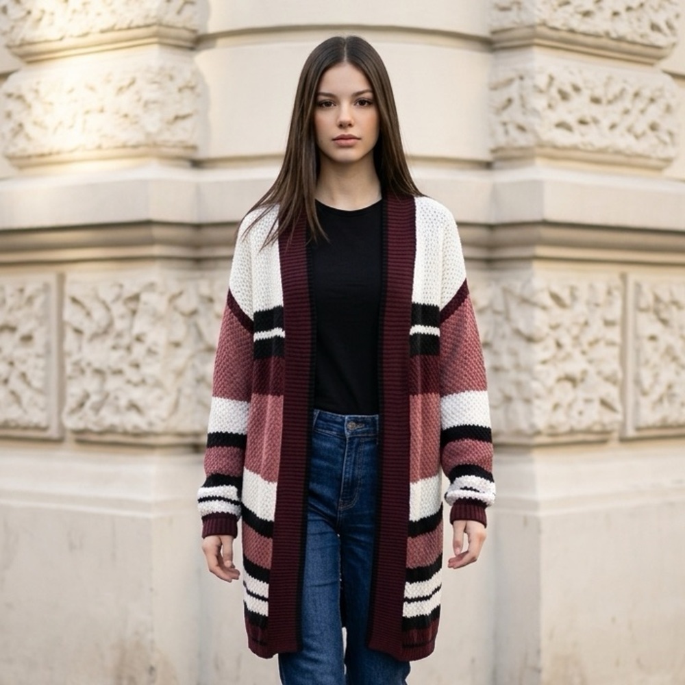 EUC Express SZ S burgundy/pink/black/creamy white bold stripes cardigan sweater
